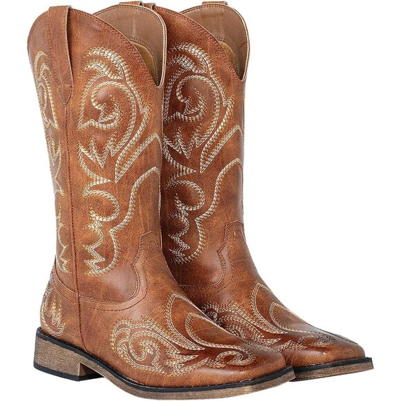SheSole Western Boots Women's Brown Tan Faux Leather Square Toe Wide Mid Calf - Picture 7 of 8